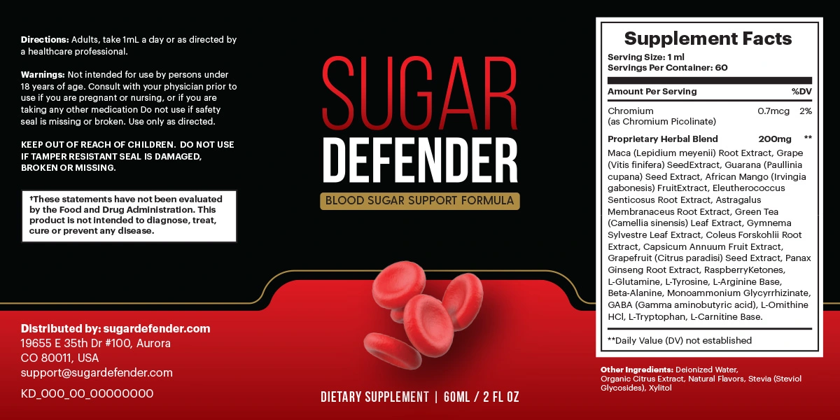 Sugar Defender full supplement facts label with ingredient list, serving size, directions and warnings