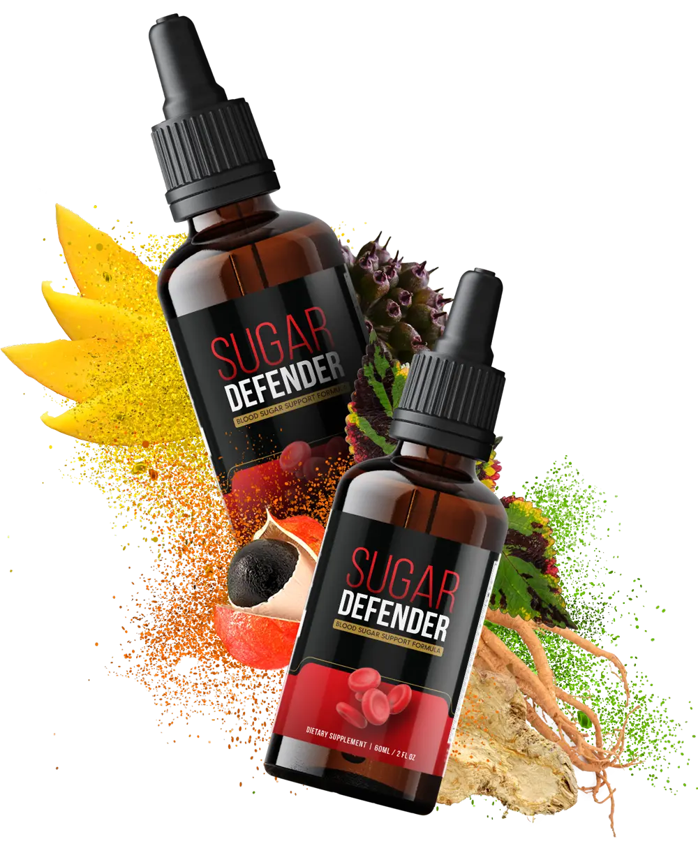 Two Sugar Defender bottles with natural ingredient splash of mango, ginseng root and guarana