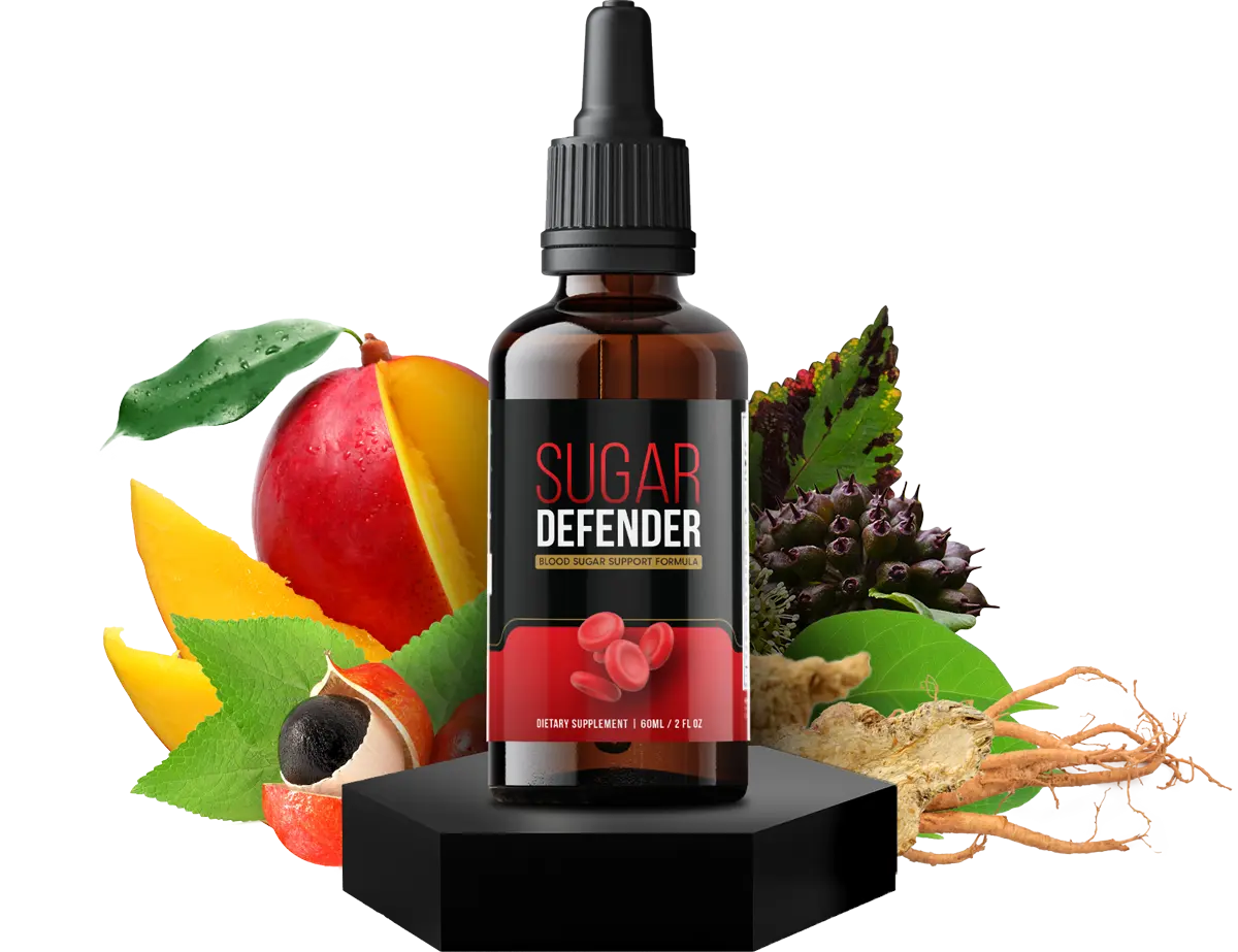 Sugar Defender liquid blood sugar support drops bottle surrounded by natural ingredients including maca root, ginseng and guarana
